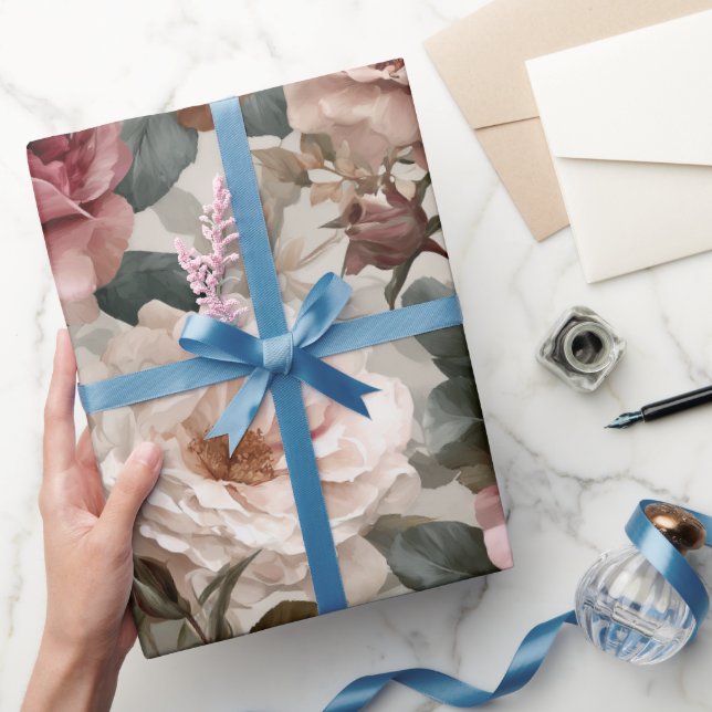 Papel De Presente Padrão Floral Bege Rosa Empoeirado Boho (Presentear)