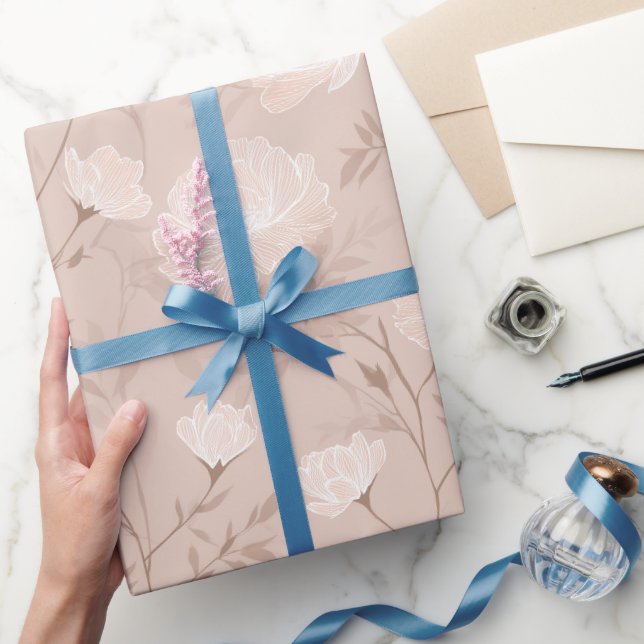 Papel De Presente Padrão Floral Bege Rosa Neutro Suave (Presentear)