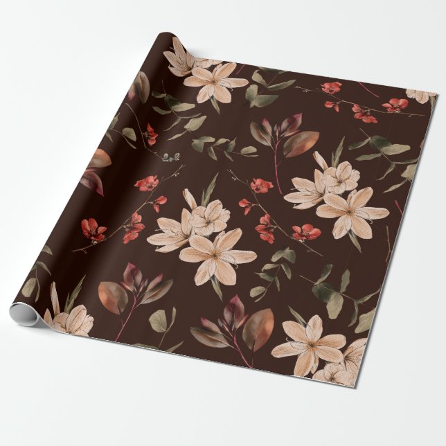 Papel De Presente Padrão floral boêmico sem costura com castanho esc (Desenrolado)