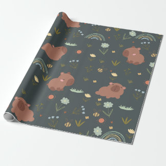Papel De Presente Padrão Floral Boho Arco-Íris de Capivara Fofa