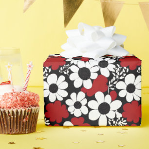 Papel De Presente Padrão Floral bonito em Vermelho, Preto e Branco