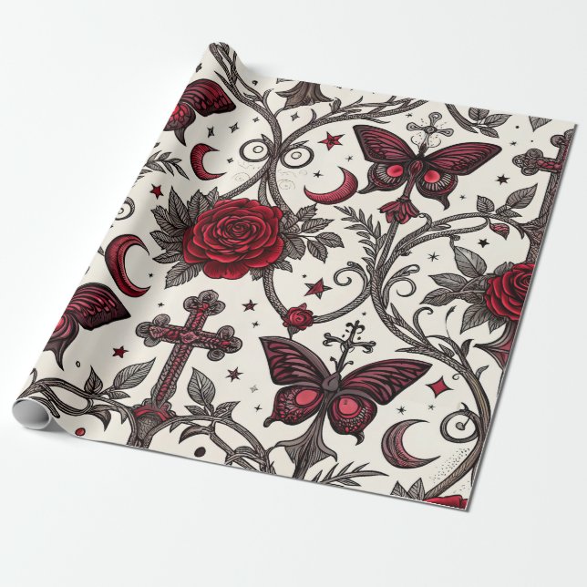 Papel De Presente Padrão Floral Borboleta Gótica (1) (Desenrolado)