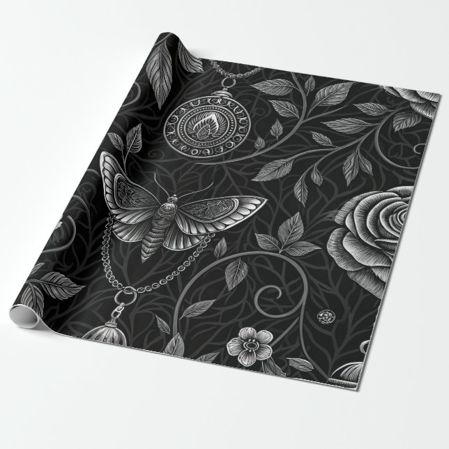 Papel De Presente Padrão Floral Borboleta Gótica (3) (Desenrolado)
