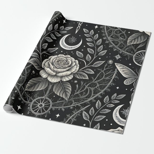 Papel De Presente Padrão Floral Borboleta Gótica (4) (Desenrolado)