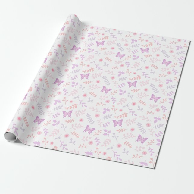 Papel De Presente Padrão Floral Borboleta Roxa Elegante (Desenrolado)