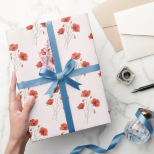 Papel De Presente Padrão Floral Botânico de Flor de Papoula Vermelha