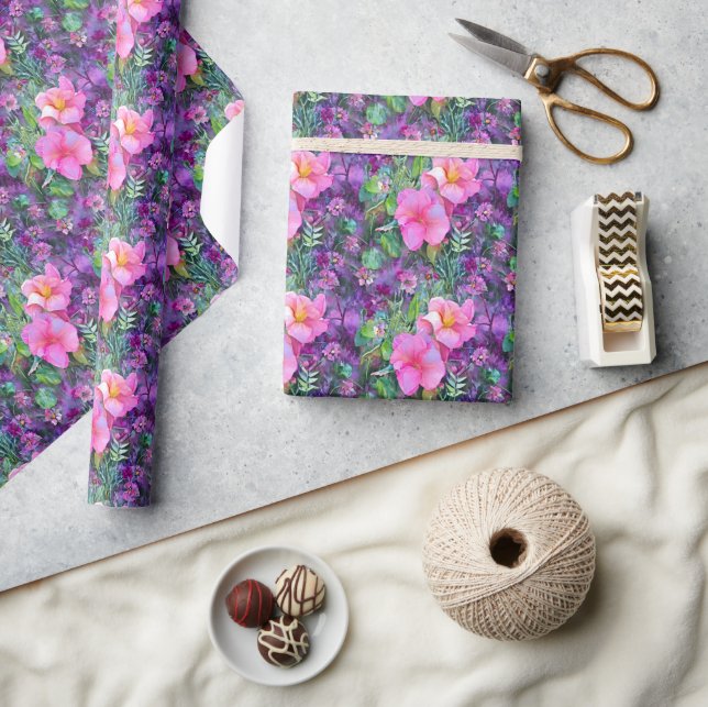 Papel De Presente Padrão floral botânico roxo e rosa (Artesanato)