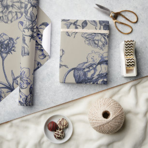 Papel De Presente Padrão Floral Botânico Toile Azul Vintage Antigo