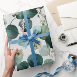 Papel De Presente Padrão Floral Branco de Eucalipto Verde Botânico