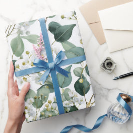 Papel De Presente Padrão Floral Branco de Eucalipto Verde Botânico