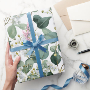Papel De Presente Padrão Floral Branco de Eucalipto Verde Botânico