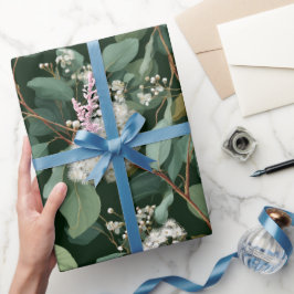 Papel De Presente Padrão Floral Branco de Eucalipto Verde Botânico