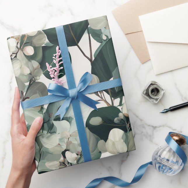 Papel De Presente Padrão Floral Branco de Eucalipto Verde Botânico (Presentear)