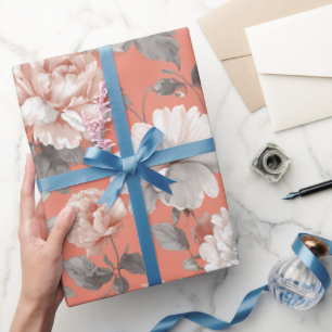 Papel De Presente Padrão Floral Branco de Flor de Coral Feminino