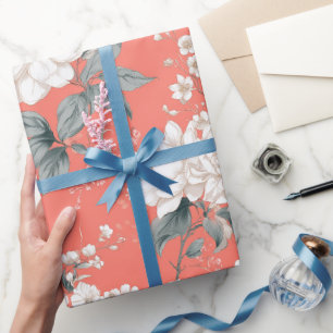 Papel De Presente Padrão Floral Branco de Flor de Coral Feminino