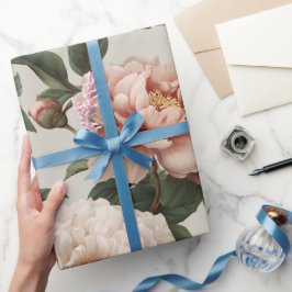 Papel De Presente Padrão Floral Branco de Peônia com Rubor Feminino