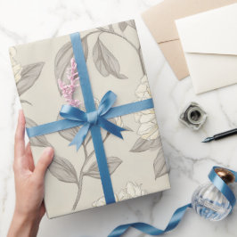 Papel De Presente Padrão Floral Branco de Peônia Creme Minimalista