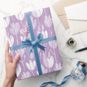 Papel De Presente Padrão Floral Branco de Tulipa Lavanda Moderna