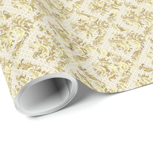 Papel De Presente Padrão Floral Branco E Dourado Elegante (Ponta do rolo)