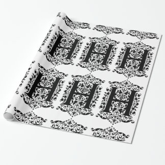 Papel De Presente Padrão Floral Branco e Preto Inicial do Monograma 