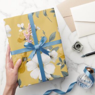 Papel De Presente Padrão Floral Branco Flor Amarela Macia Moderna
