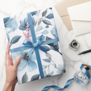 Papel De Presente Padrão Floral Branco Flor Azul Suave Aquarela
