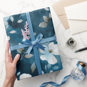 Papel De Presente Padrão Floral Branco Flor Azul Suave Aquarela