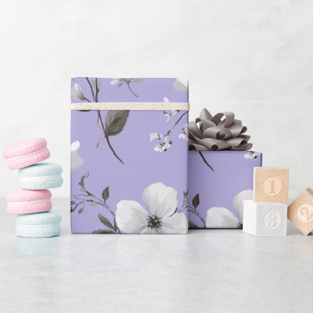Papel De Presente Padrão Floral Branco Flor de Lavanda Suave (Chá de bebê)