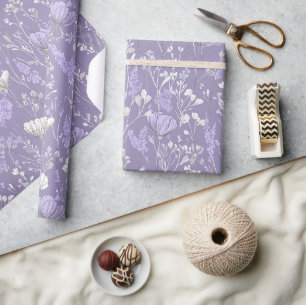 Papel De Presente Padrão Floral Branco Flor de Lavanda Suave