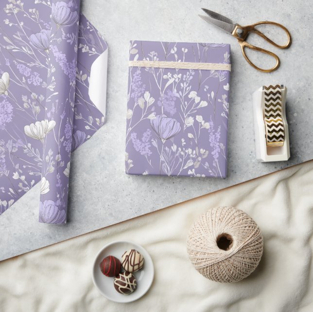 Papel De Presente Padrão Floral Branco Flor de Lavanda Suave (Artesanato)