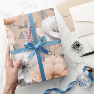 Papel De Presente Padrão Floral Branco Flor de Pêssego Macio Românti