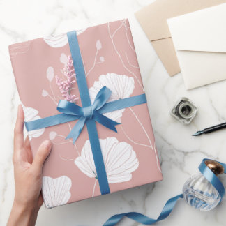 Papel De Presente Padrão Floral Branco Flor de Rosa Pálido Minimalis