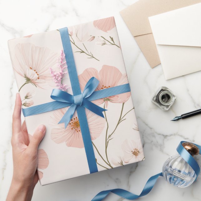 Papel De Presente Padrão Floral Branco Flor Minima Rosa Pálido (Presentear)