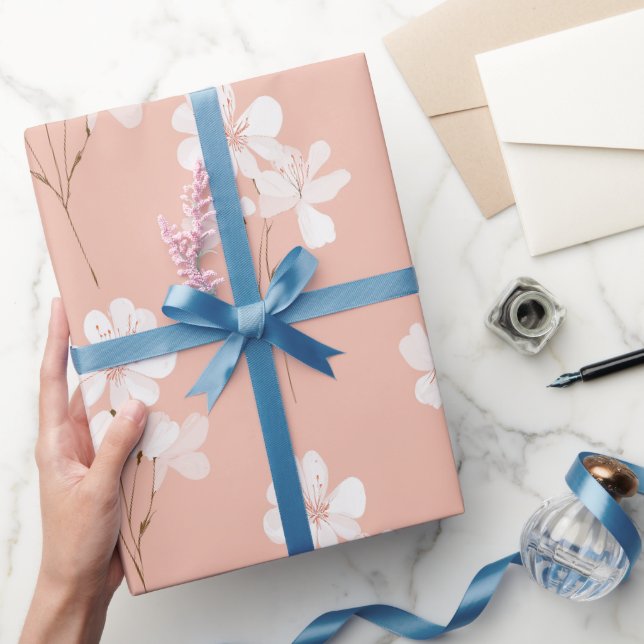 Papel De Presente Padrão Floral Branco Flor Minima Rosa Pálido (Presentear)