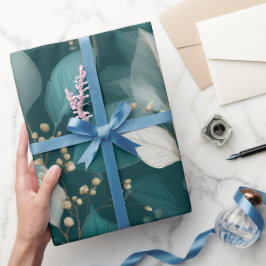 Papel De Presente Padrão Floral Branco Folha Esmeralda Elegante
