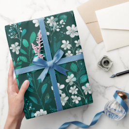 Papel De Presente Padrão Floral Branco Folha Esmeralda Elegante