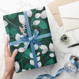 Papel De Presente Padrão Floral Branco Folha Esmeralda Elegante
