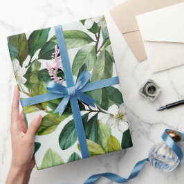 Papel De Presente Padrão Floral Branco Folha Verde Aquarela