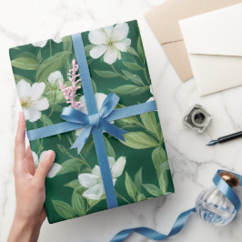 Papel De Presente Padrão Floral Branco Folha Verde Aquarela