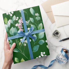 Papel De Presente Padrão Floral Branco Folha Verde Aquarela