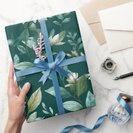 Papel De Presente Padrão Floral Branco Folha Verde Aquarela