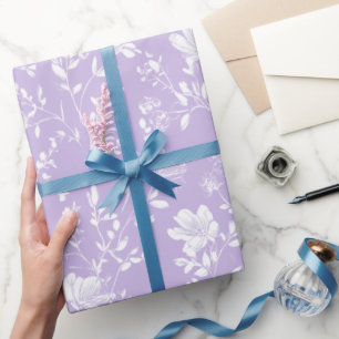 Papel De Presente Padrão Floral Branco Lavanda Roxa Suave