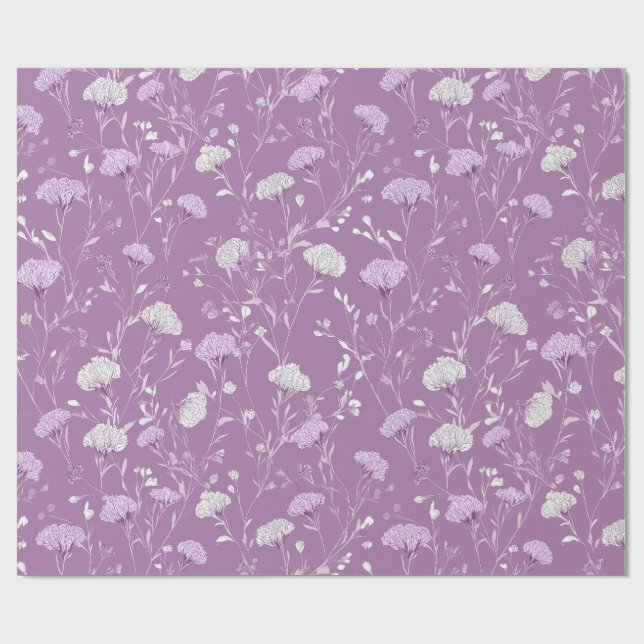 Papel De Presente Padrão Floral Branco Lavanda Roxa Suave (Aberto)