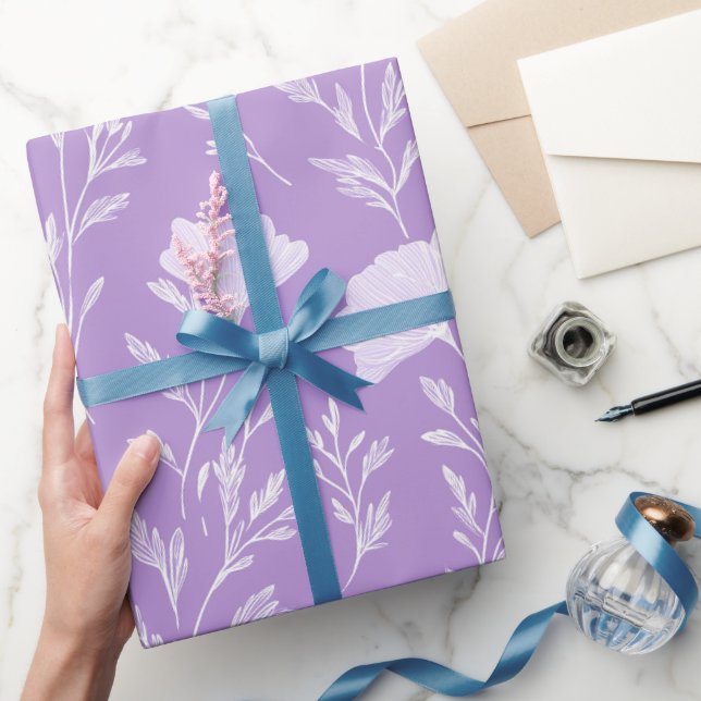 Papel De Presente Padrão Floral Branco Lavanda Roxa Suave (Presentear)