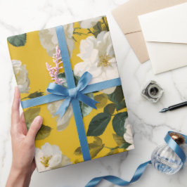 Papel De Presente Padrão Floral Branco Rosa Amarela Clássica
