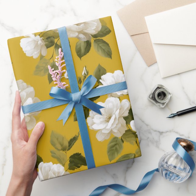 Papel De Presente Padrão Floral Branco Rosa Amarela Clássica (Presentear)