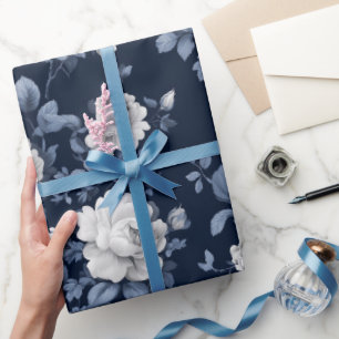 Papel De Presente Padrão Floral Branco Rosa Azul Marinho Elegante