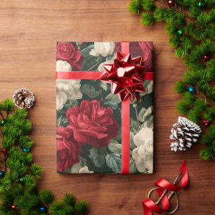 Papel De Presente Padrão Floral Branco Rosa Vermelha Clássica