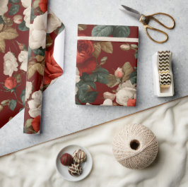 Papel De Presente Padrão Floral Branco Rosa Vermelha Clássico