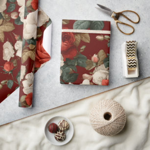 Papel De Presente Padrão Floral Branco Rosa Vermelha Clássico